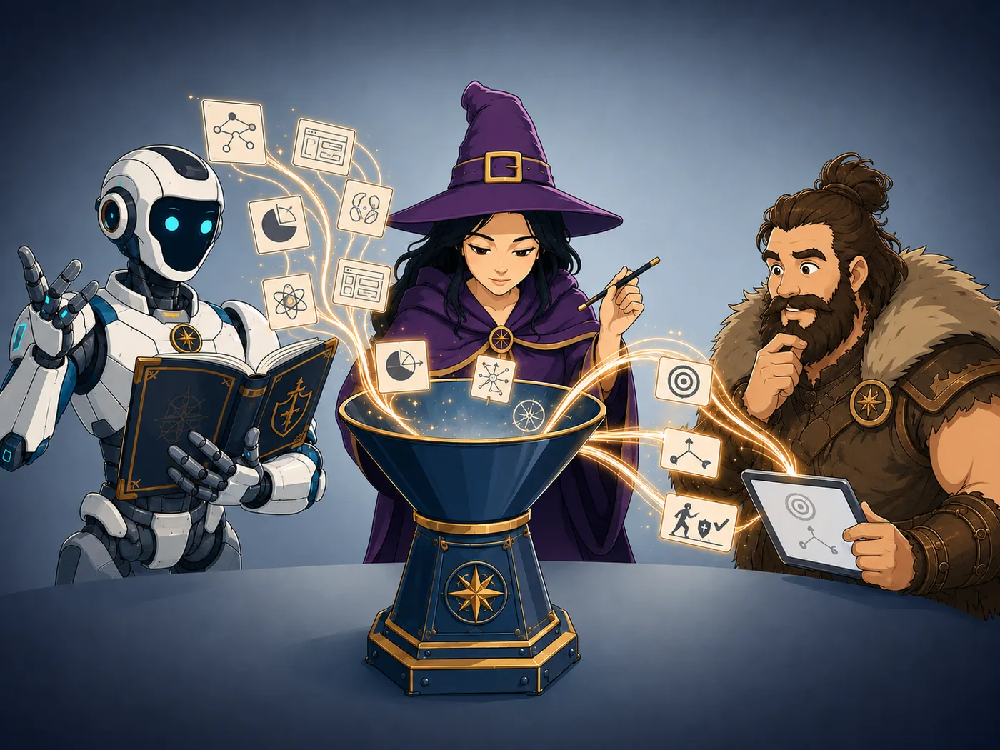 Illustration OGHMA Learning : une magicienne, un robot et un guerrier conçoivent ensemble un dispositif de formation autour d'un chaudron d'où s'élèvent des icônes pédagogiques (parcours, objectifs, modules). 