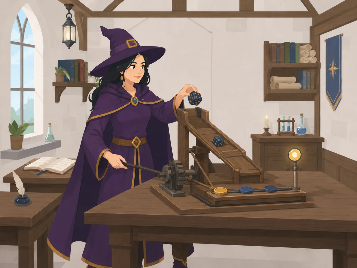 Illustration OGHMA Learning : la sorcière intègre un dé, un jeton de progression et un retour immédiat dans une seule mécanique d'apprentissage concrète.