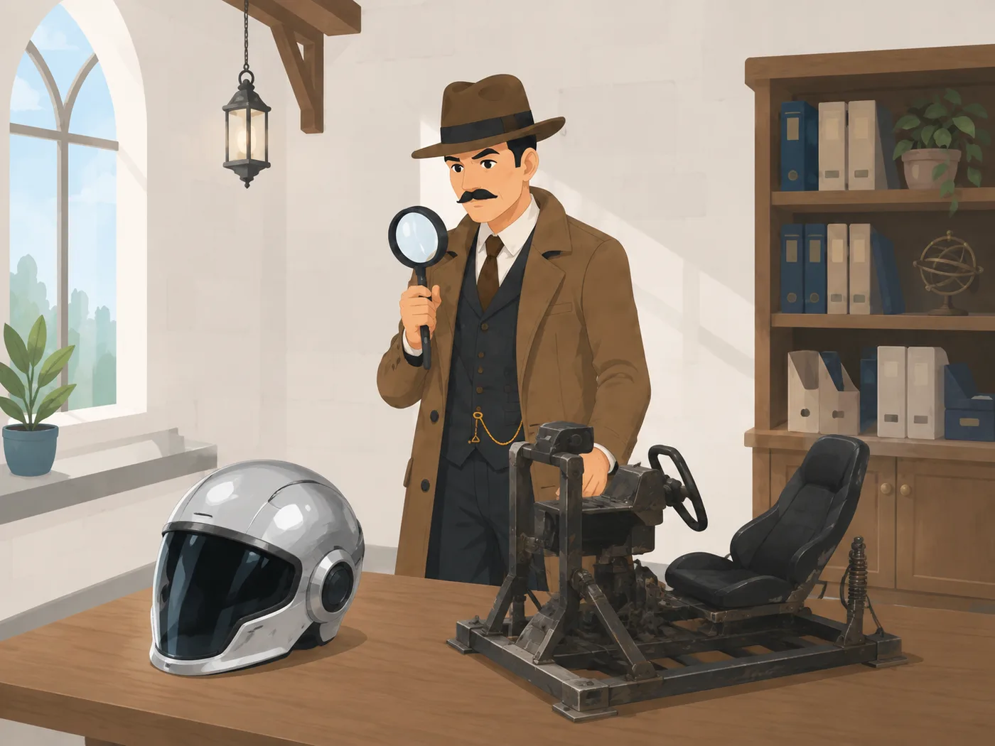 Illustration OGHMA Learning : l'investigateur compare un casque immersif spectaculaire mais intact à un simulateur simple portant les traces d'un usage réel.