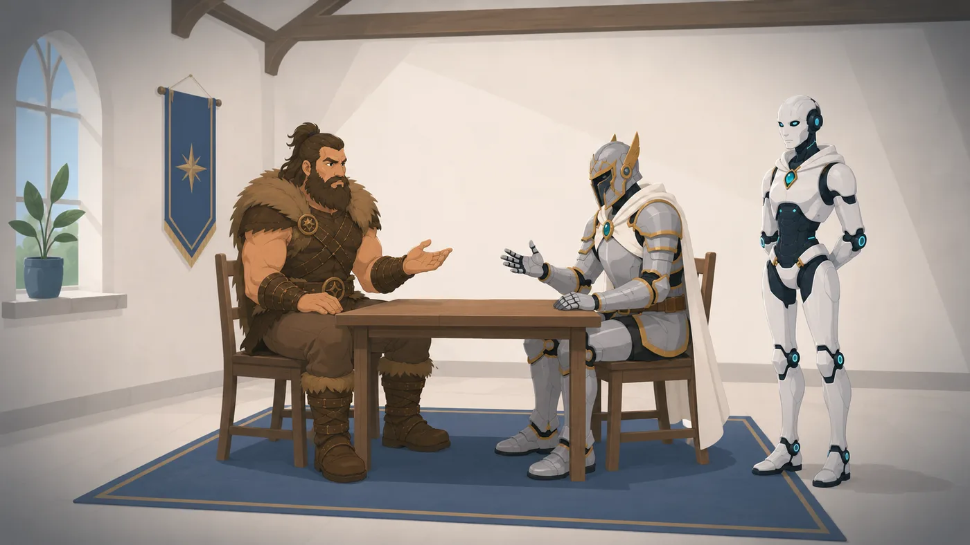 Illustration OGHMA Learning : le barbare s'entraîne à intervenir dans une interaction tendue jouée par le chevalier, tandis que le robot observe la décision et le retour ; une seule situation comportementale, immédiatement lisible.