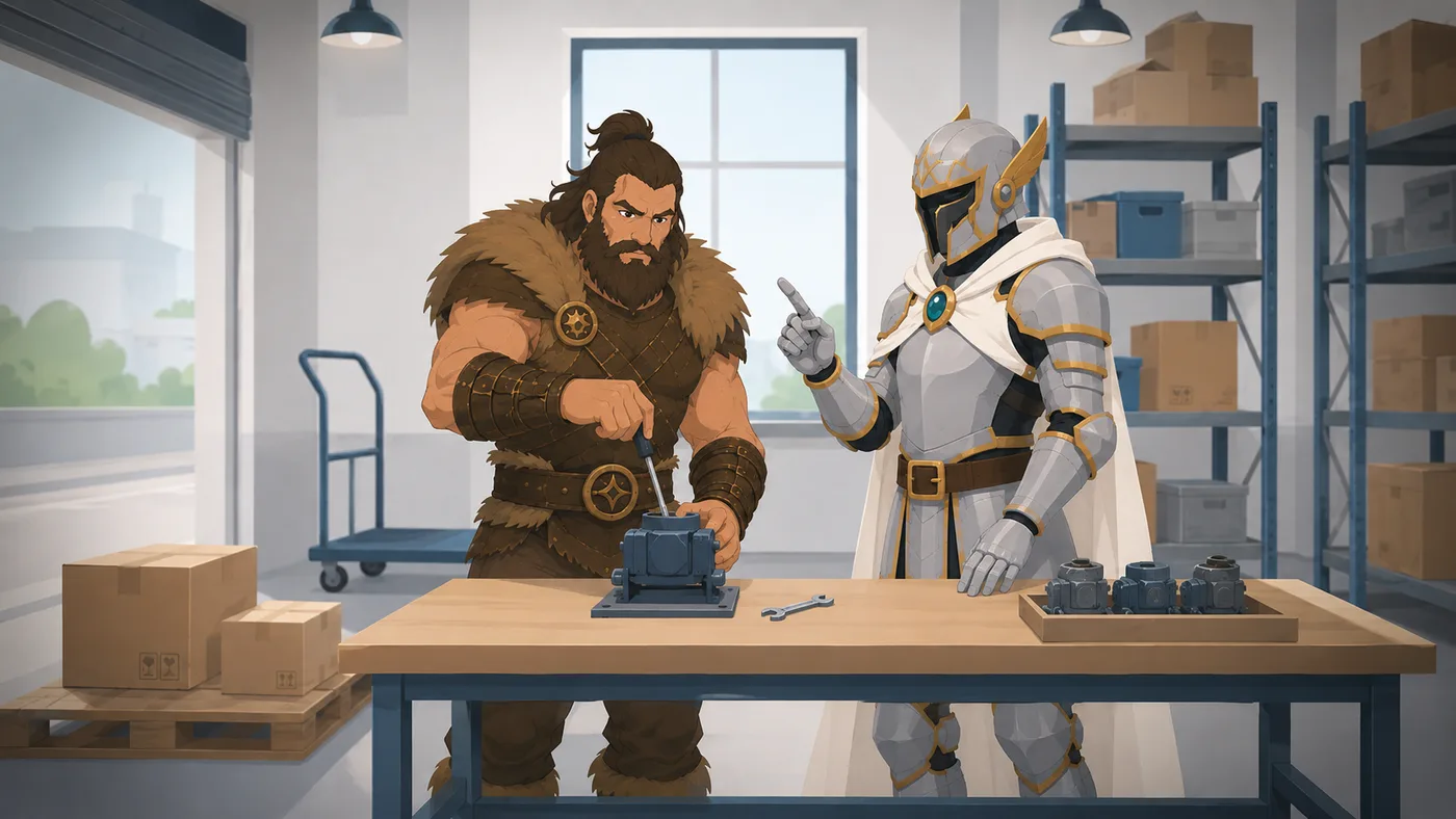 Illustration OGHMA Learning : le barbare réalise une manipulation concrète pendant que le chevalier lui donne un retour précis, dans un atelier où l'apprentissage passe clairement par l'action.