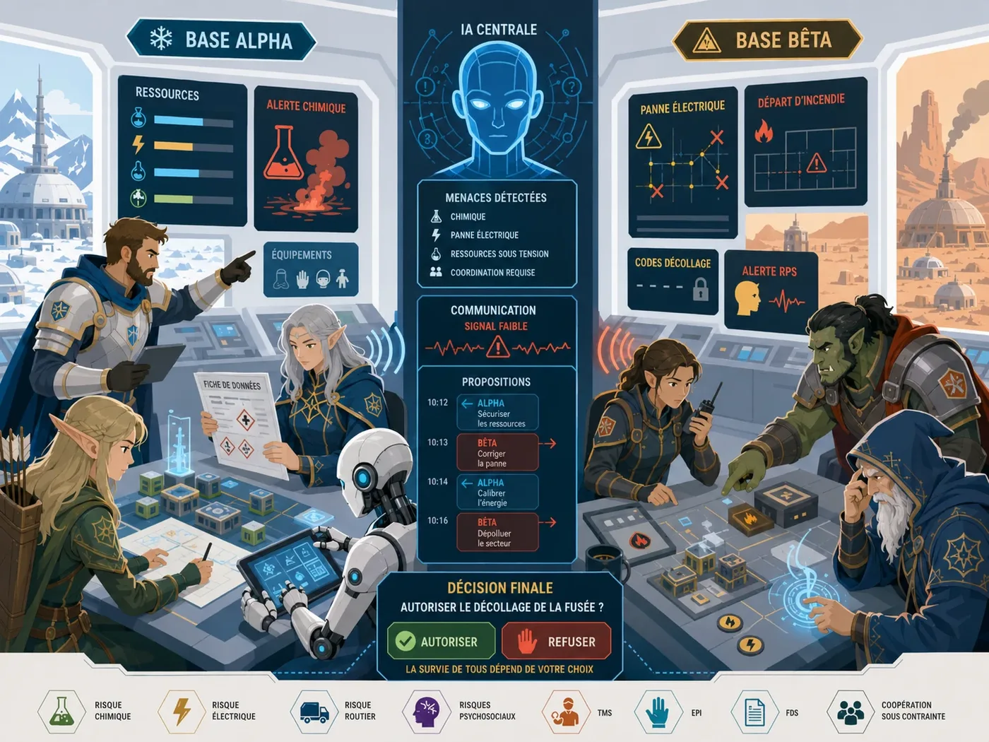Deux bases spatiales séparées communiquent via une IA centrale pendant une simulation de risques professionnels et de décision sous contrainte.
