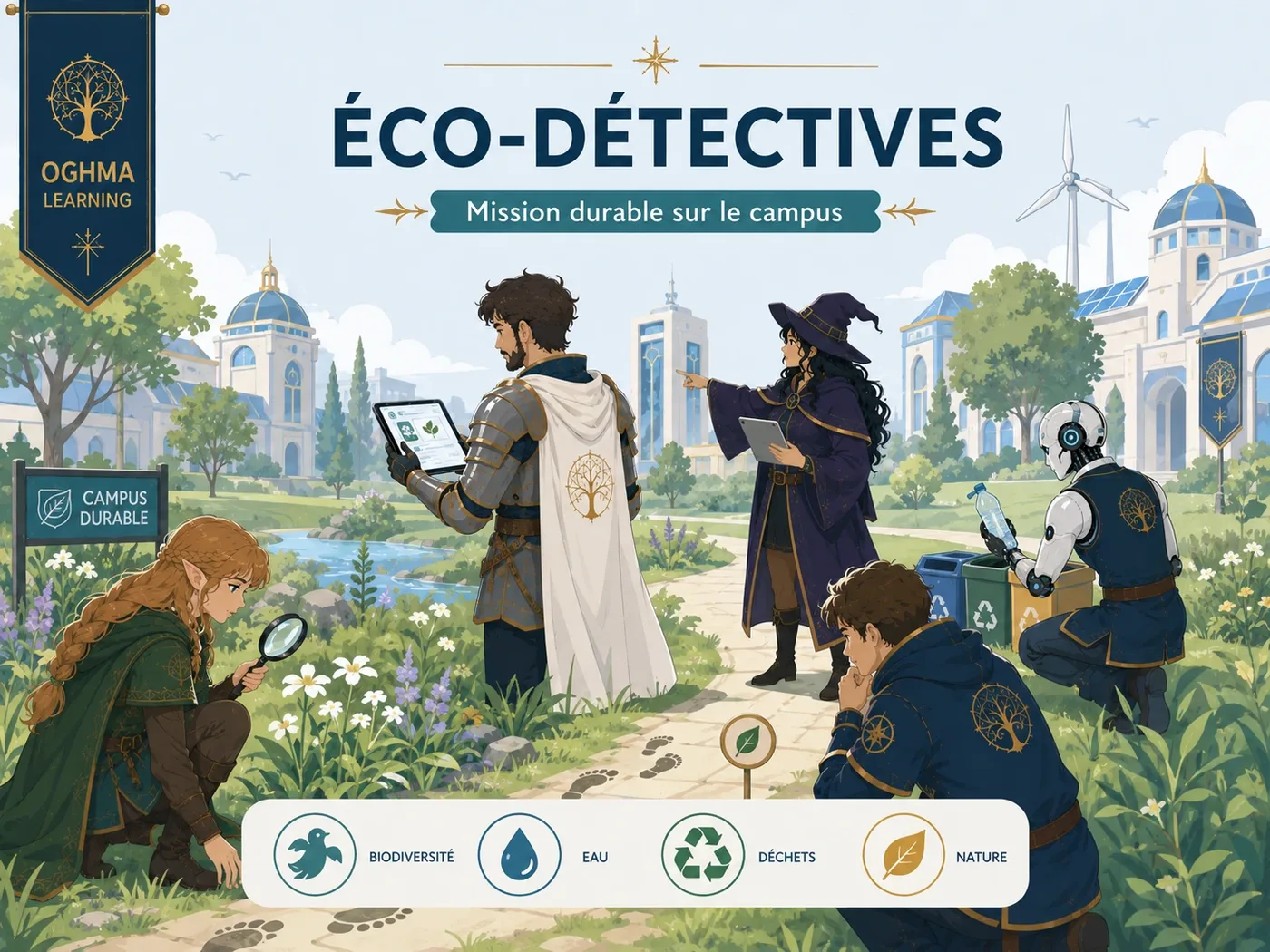 Équipe d’Éco-détectives enquêtant sur la biodiversité et les éco-gestes sur un campus.