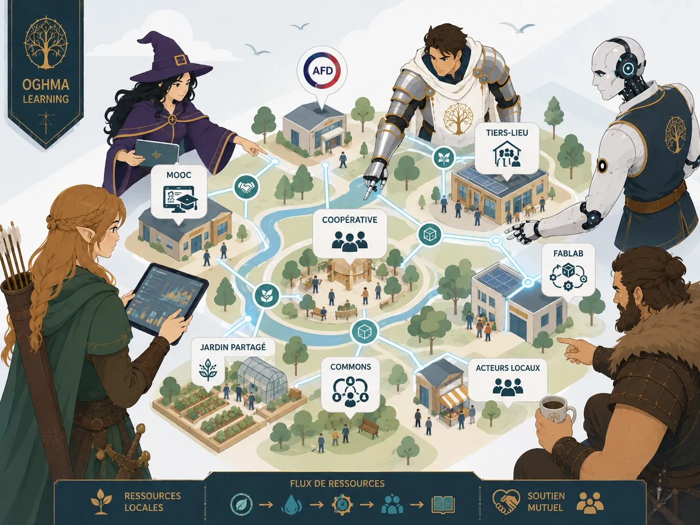 Territoire vivant relié par des communs, coopérative, tiers-lieu, fablab, jardin partagé, ressources locales et acteurs connectés.