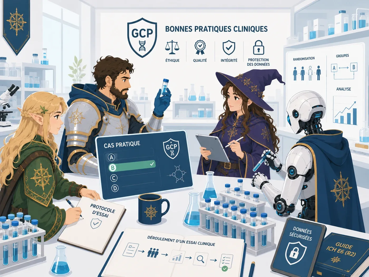 Laboratoire scientifique associé aux bonnes pratiques cliniques, avec éthique, qualité, intégrité des données et protection des participants.