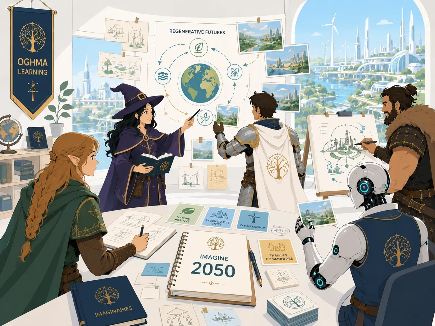 Atelier d’écriture prospective où l’équipe construit des imaginaires 2050 à partir de cartes, récits, scénarios et paysages régénératifs.