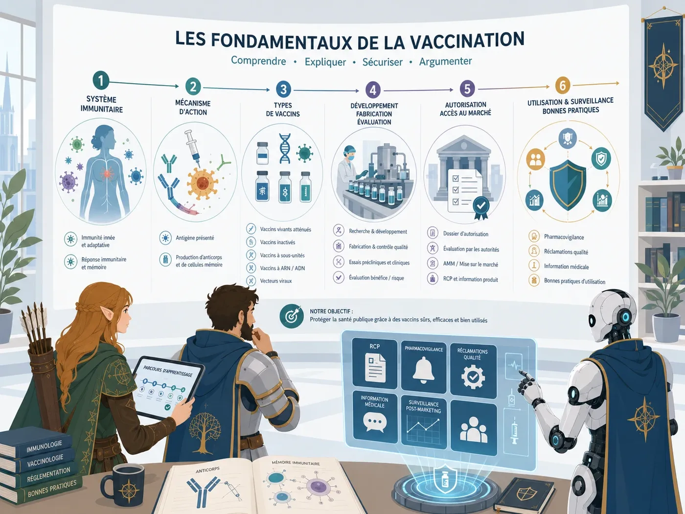 Parcours scientifique et réglementaire d’un vaccin depuis l’immunologie jusqu’à l’utilisation, la surveillance et les bonnes pratiques.