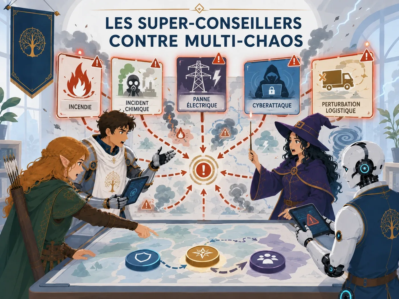Super-conseillers cernés par de nombreux outils techniques et interfaces face à un système Multi-Chaos à maîtriser.