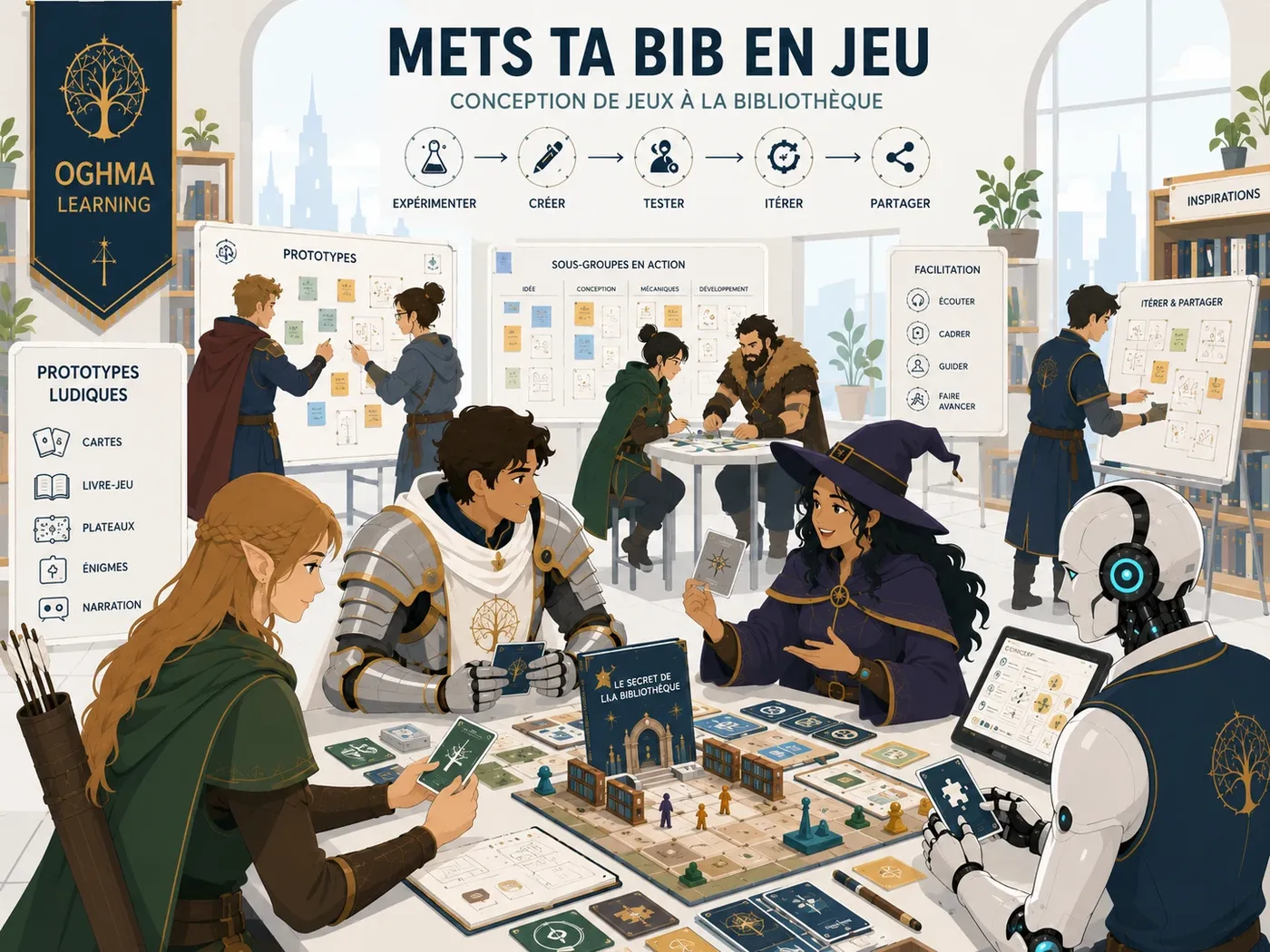 Atelier de prototypage ludique en bibliothèque avec cartes, plateaux, livre-jeu, énigmes et sous-groupes de conception.