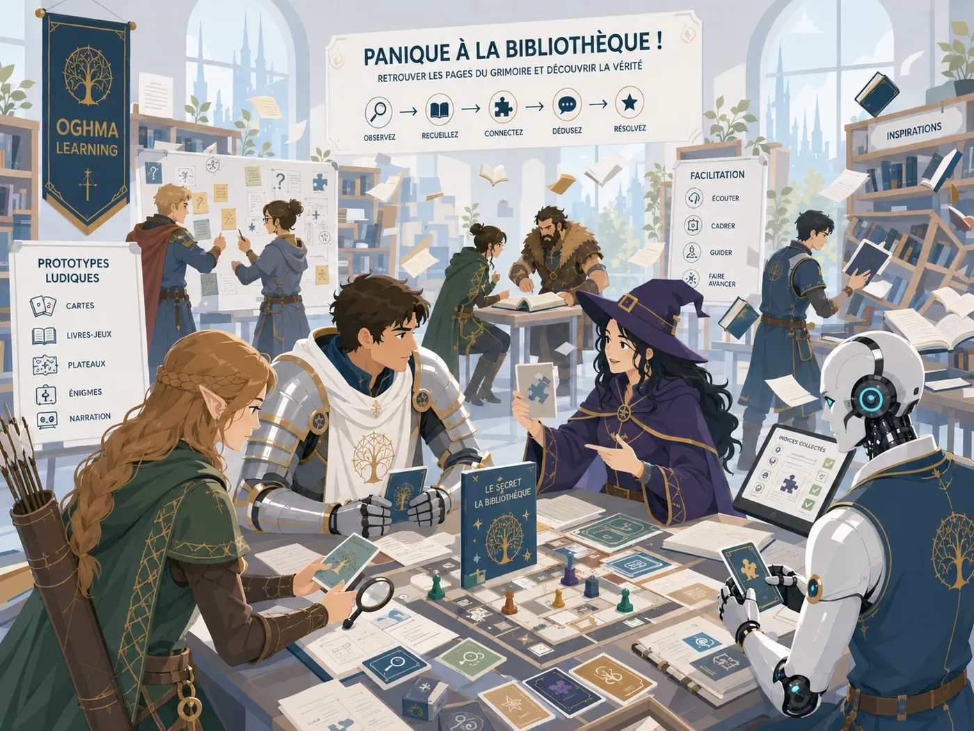 Bibliothèque médiévale-fantastique en panique avec rayonnages perturbés, livres volants, indices et enquête collaborative.