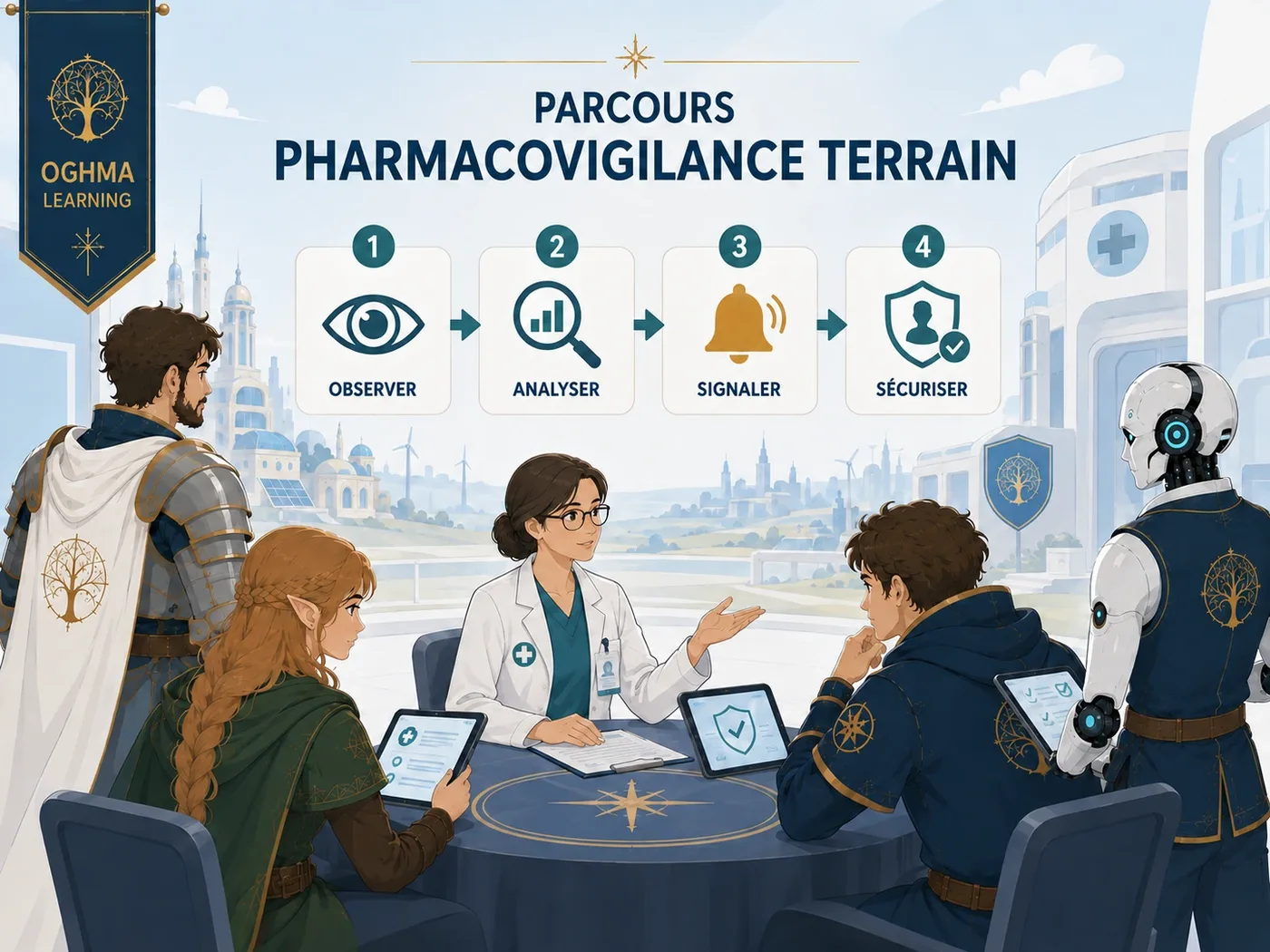 Équipe en situation de pharmacovigilance terrain autour des étapes observer, analyser, signaler et sécuriser.