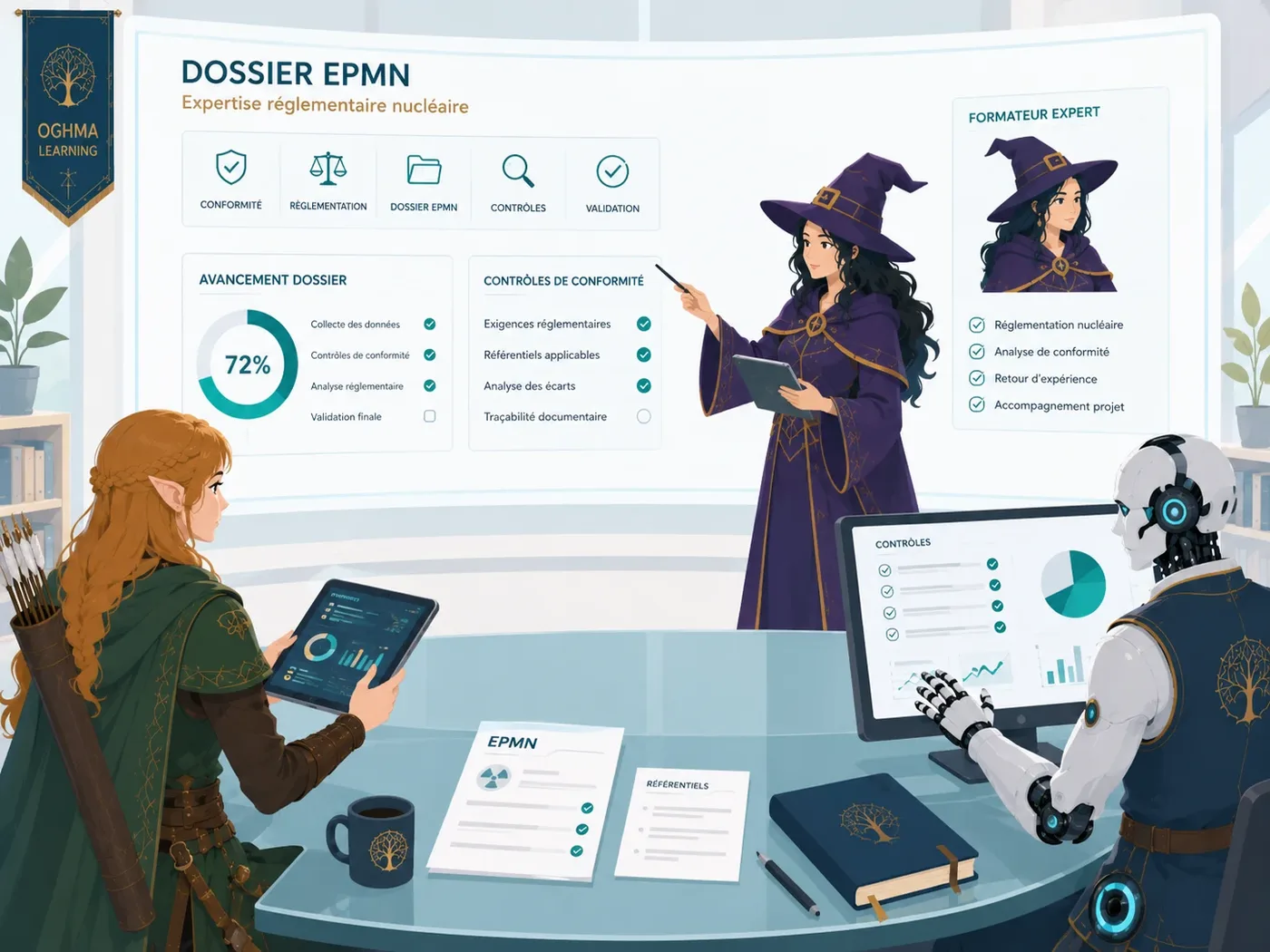 Poste d’expertise réglementaire nucléaire avec dossier EPMN, choix matériaux, contrôles de conformité et avatar formateur.
