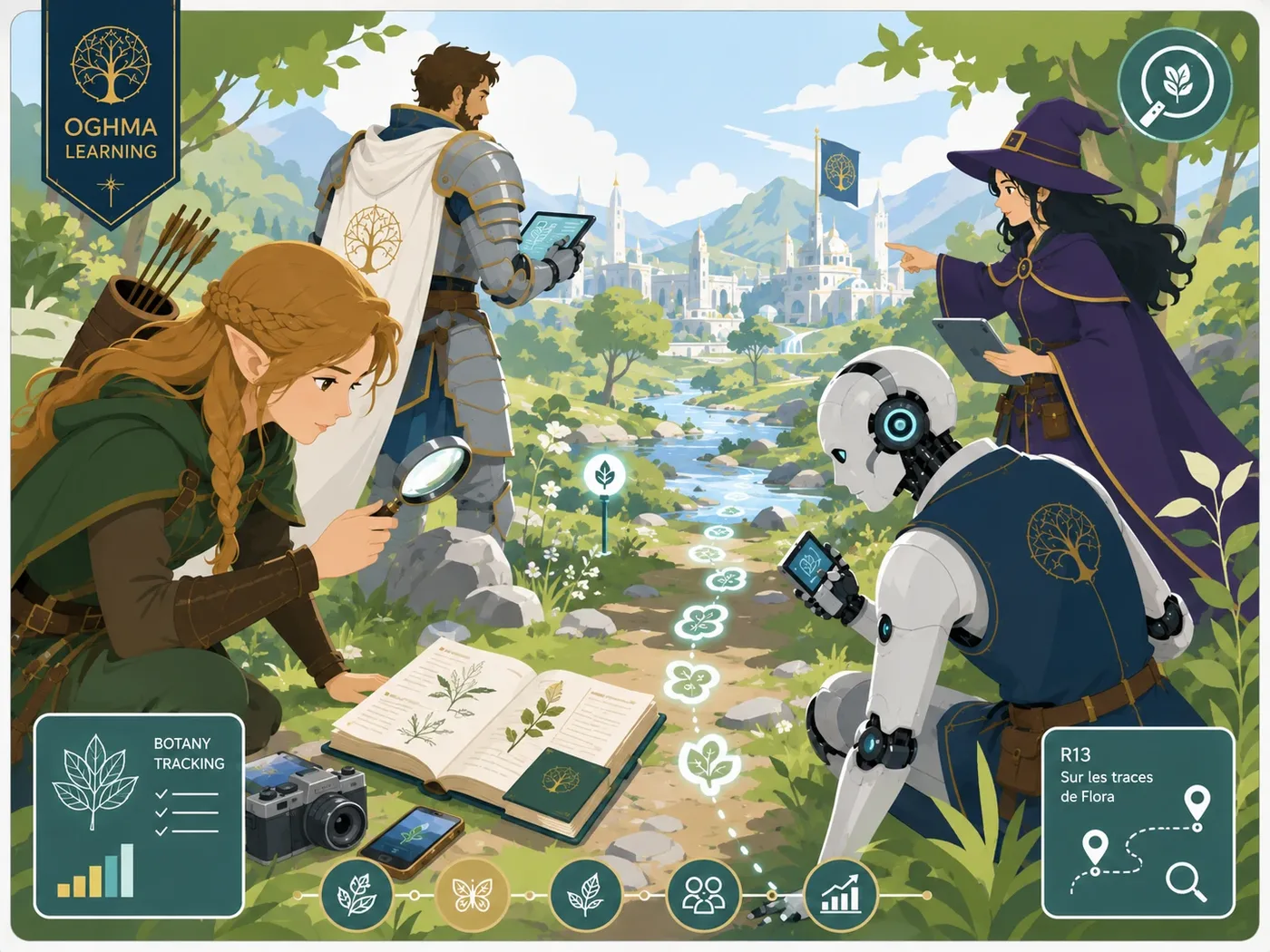 Enquête nature en équipe avec carnet d’exploration, indices botaniques, traces, loupe et données de biodiversité.