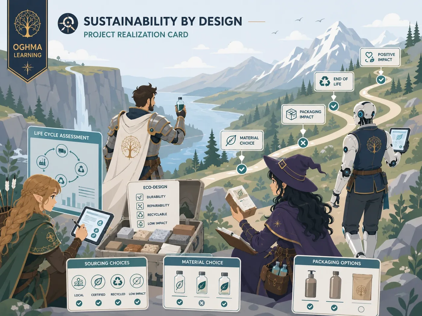 Équipe OGHMA analysant des choix de sourcing, formulation, packaging, cycle de vie et impact environnemental dans un parcours de design durable.