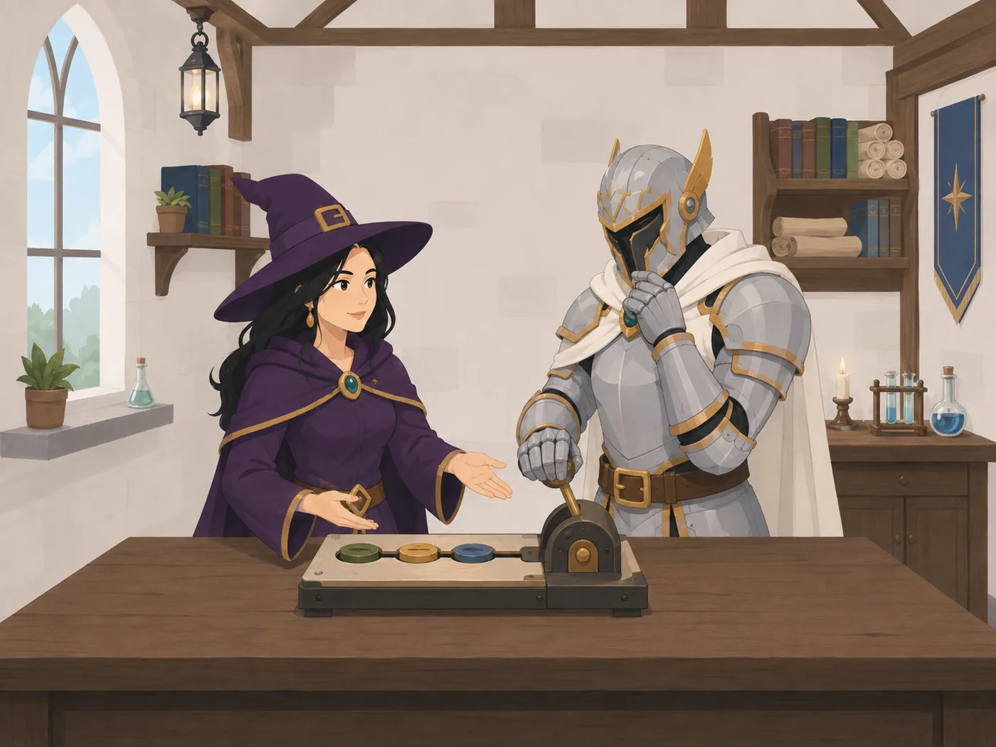 Illustration OGHMA Learning : la sorcière présente une mécanique de jeu sobre et le chevalier la soumet à une validation rigoureuse avant usage.