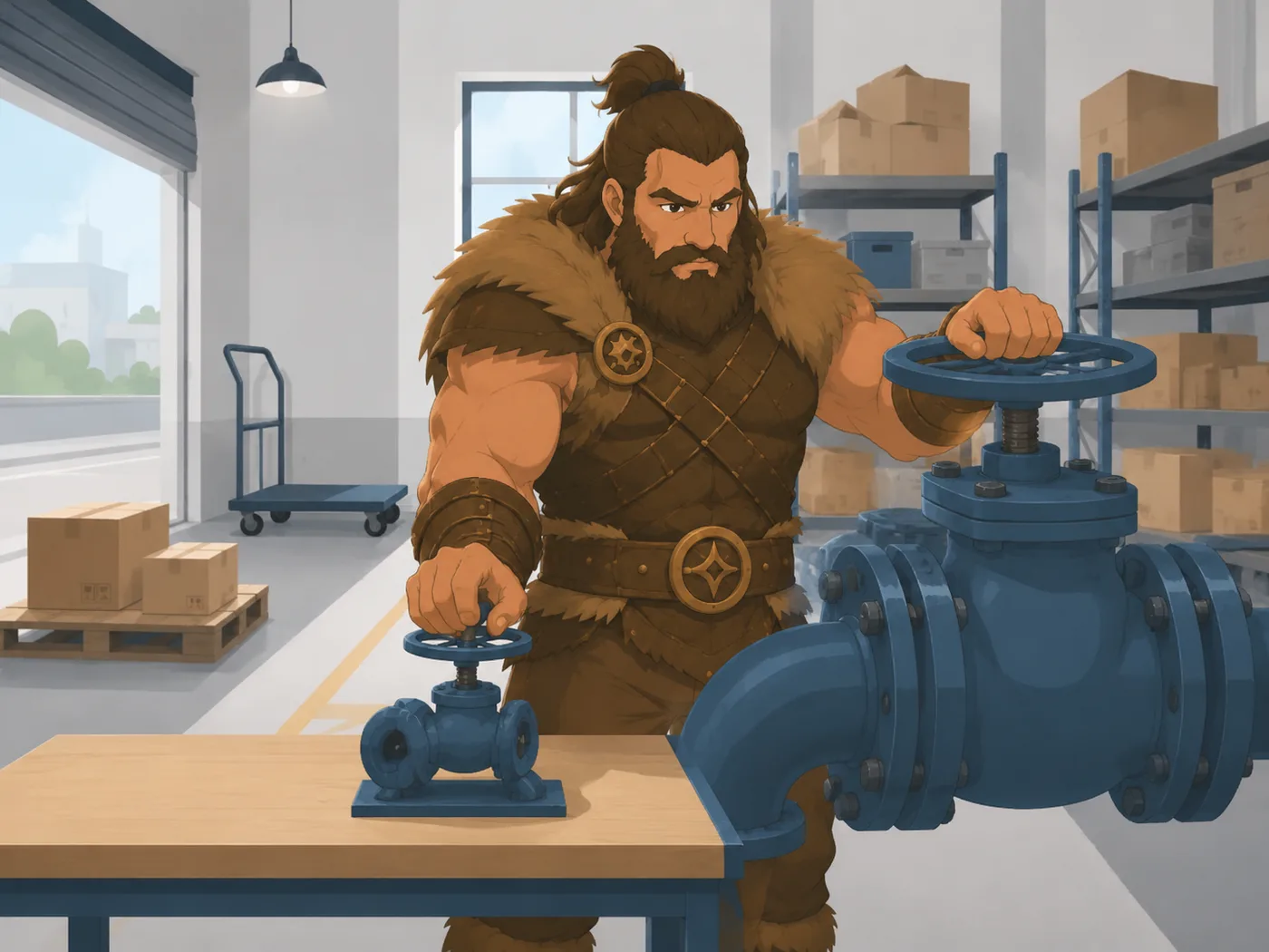 Illustration OGHMA Learning : le barbare reproduit sur l'équipement réel la manipulation qu'il vient de tester sur un petit modèle d'entraînement posé à côté.
