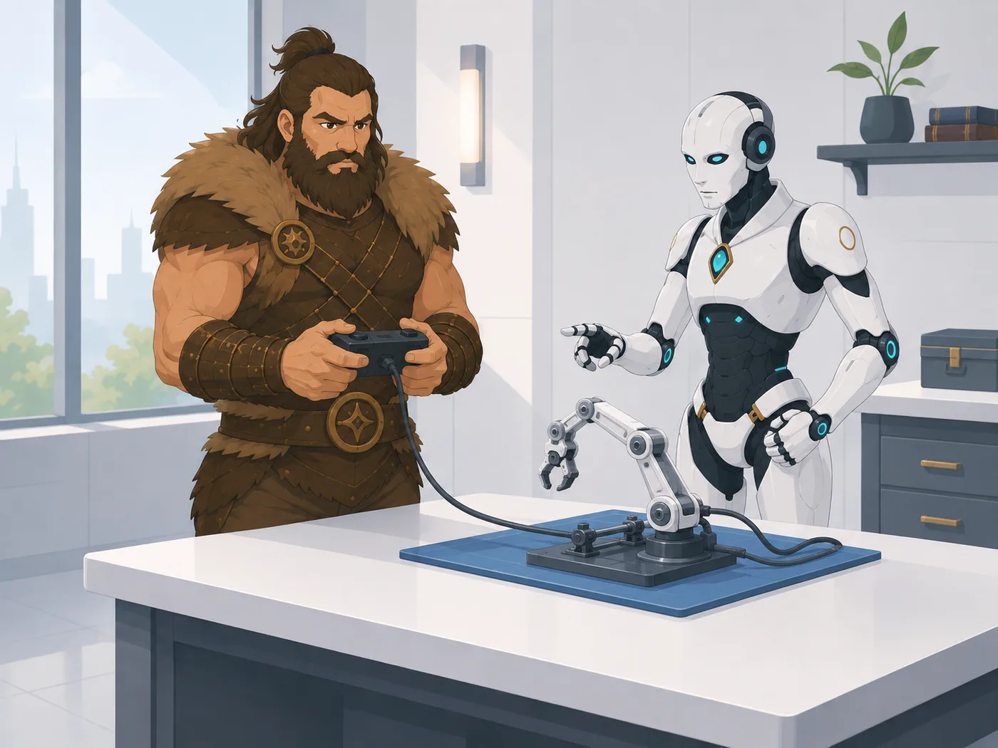 Illustration OGHMA Learning : le barbare s'entraîne réellement sur une manipulation tandis que le robot déclenche une conséquence simulée et observable.