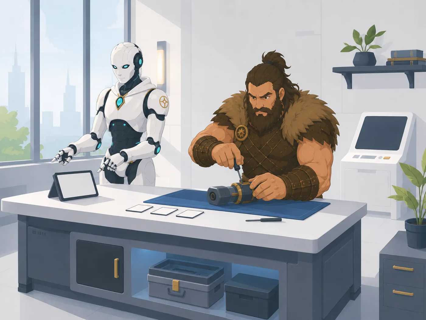 Illustration OGHMA Learning : le robot configure une station de formation modulaire pendant que le barbare y réalise une tâche concrète.