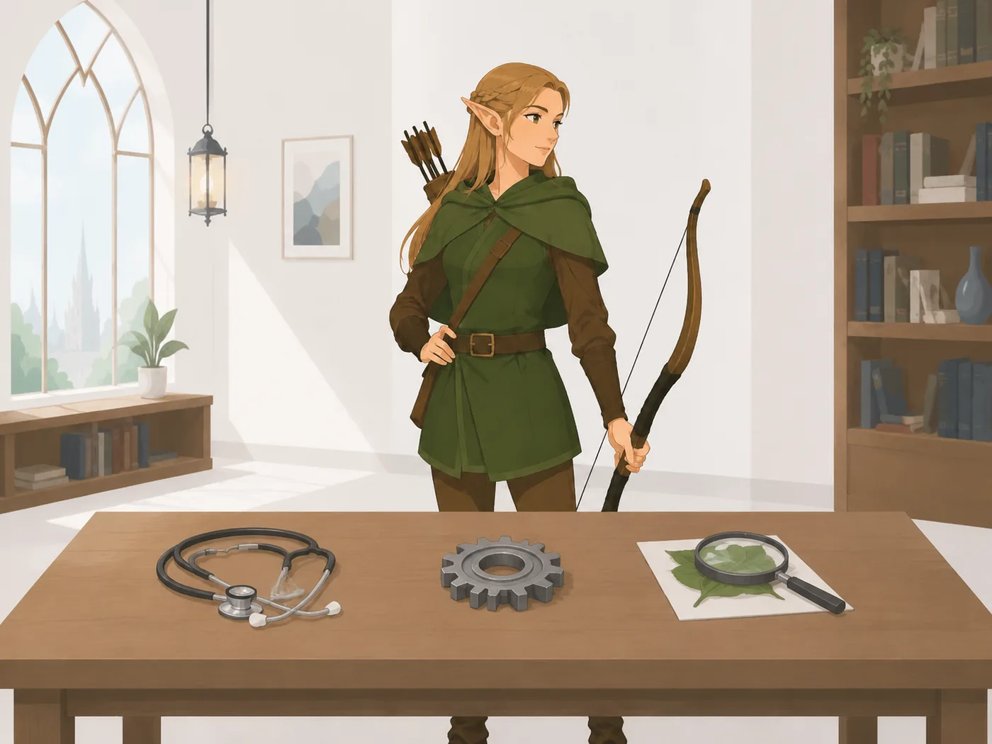 Illustration OGHMA Learning : l'elfe observe trois objets de terrain clairement différents — santé, industrie et biodiversité — avant de partir en exploration.