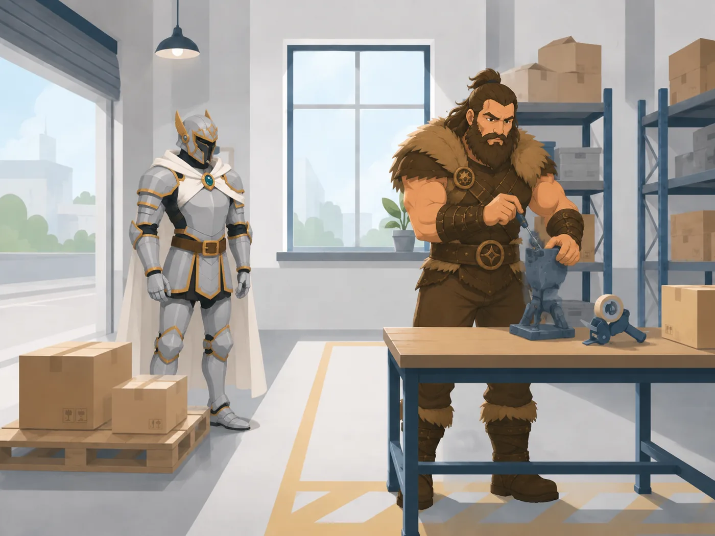 Illustration OGHMA Learning : le barbare réalise désormais seul et avec assurance une tâche complète pendant que le chevalier s'est volontairement mis en retrait.