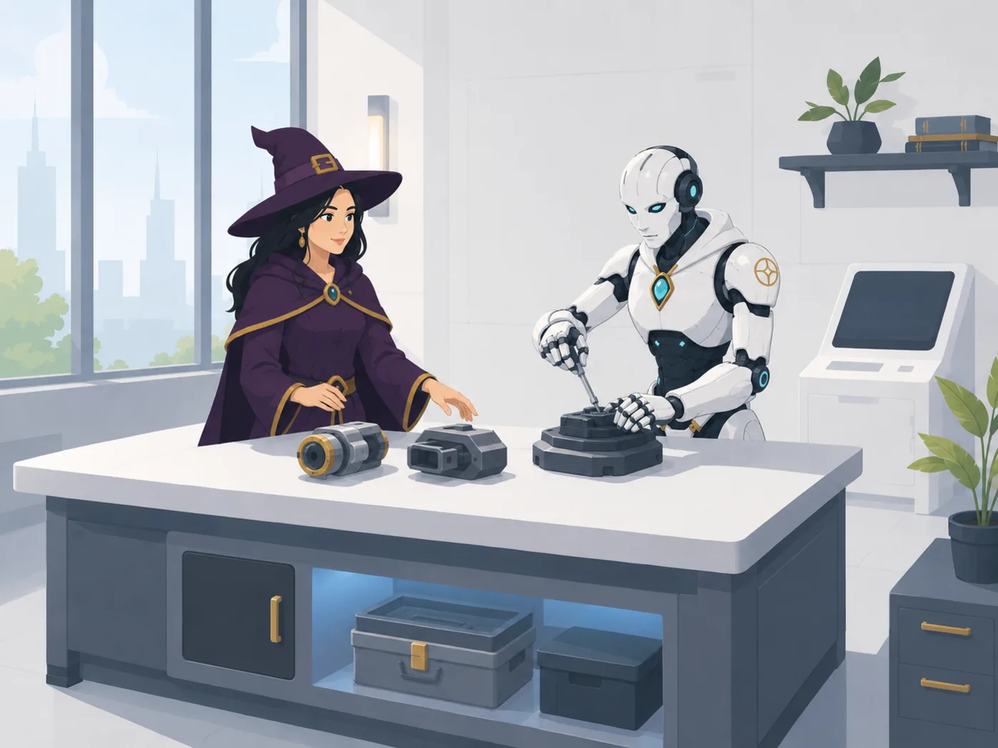 Illustration OGHMA Learning : la sorcière et le robot transforment ensemble un brief client en prototype pédagogique fonctionnel sur un même établi.