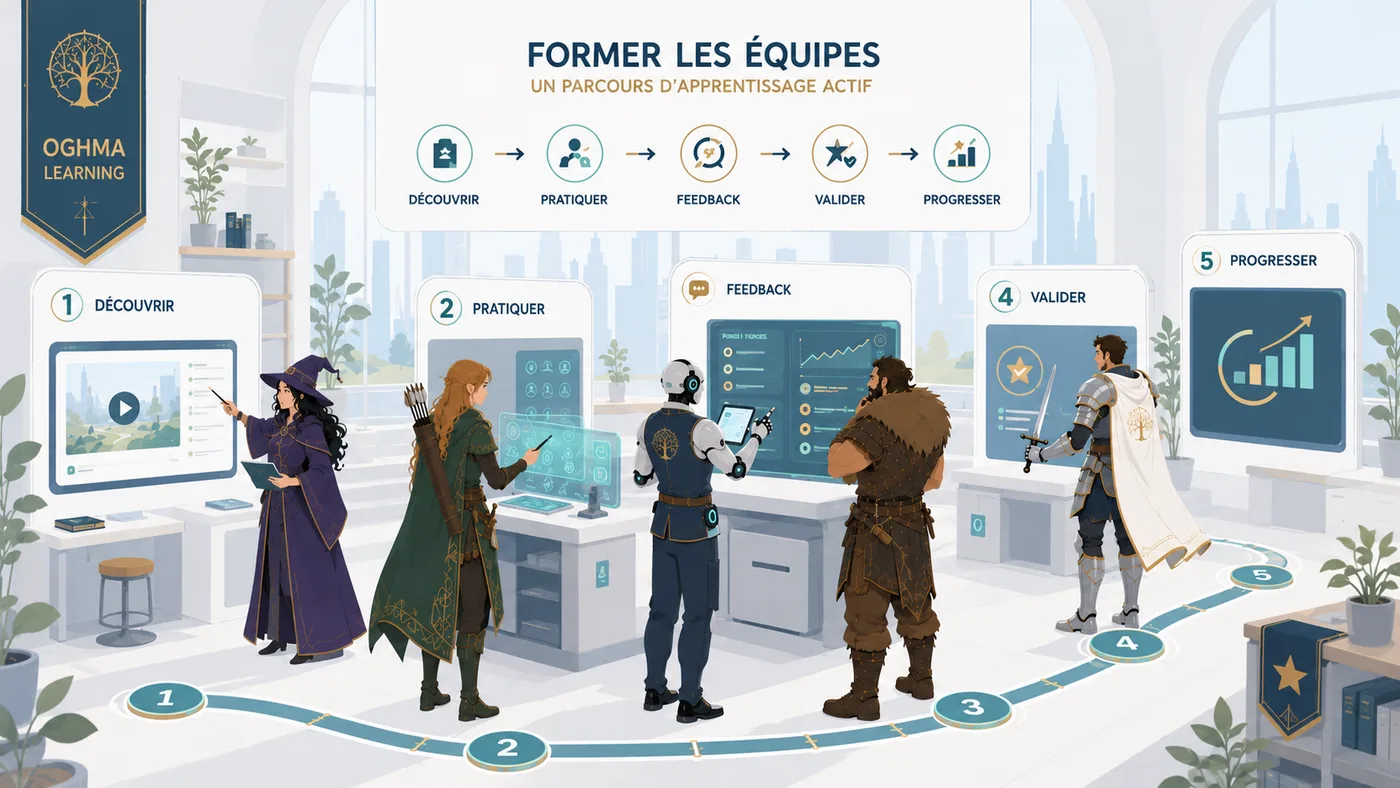 Parcours d'entraînement actif montrant des équipes qui découvrent, pratiquent, reçoivent du feedback, valident et progressent.
